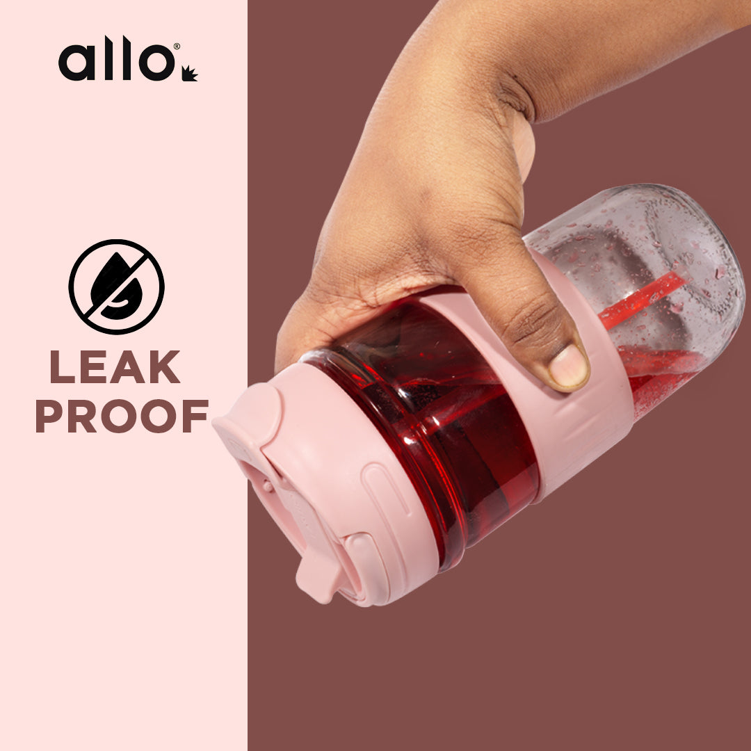 Allo Reusable Glass Mug Sipper Tumbler with Straw, Unique 2 in 1 Anti Spill Lid | Microwave Safe Leakproof Glass with Anti-Slip Grip for Hot & Cold Coffee|| Car, Office, Travel use | 500ml (Pink)