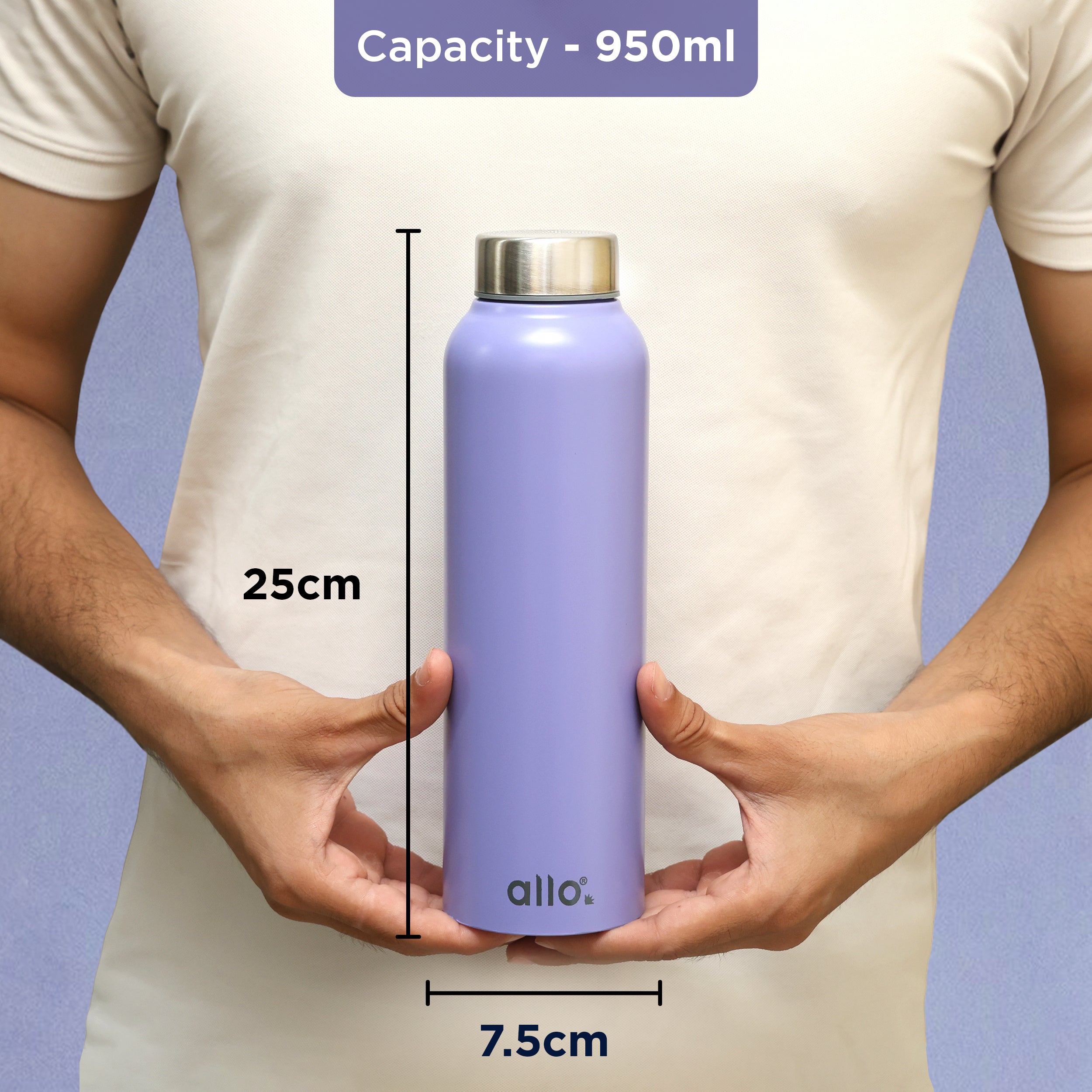 Allo Stainless Steel Water Bottle For Adults, Kids 0.95 Litre Water Bottles For School, Office, Sports, Gym 950ML Water Bottle For Men And Women, Pack Of 5 | Leak Proof & Bpa Free, Lavender Steel Cap