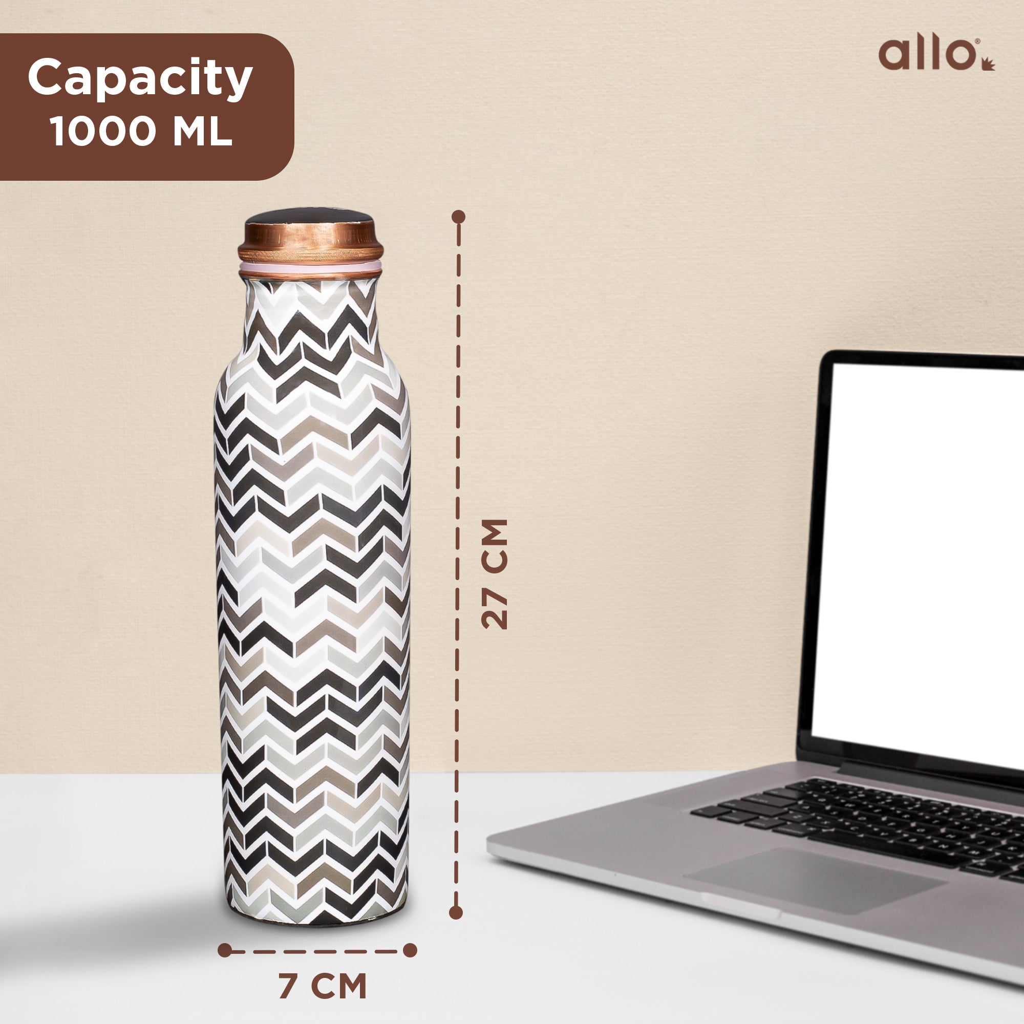 Allo Pure Copper Water Bottle 1 Litre Copper Bottle | Alkaline and Anti Oxidant | 100% Leak Proof, Office, Gym Bottle, Modern Tamba Bottle for Adults, Best Gift for Diwali (Chevron, Black & Grey)