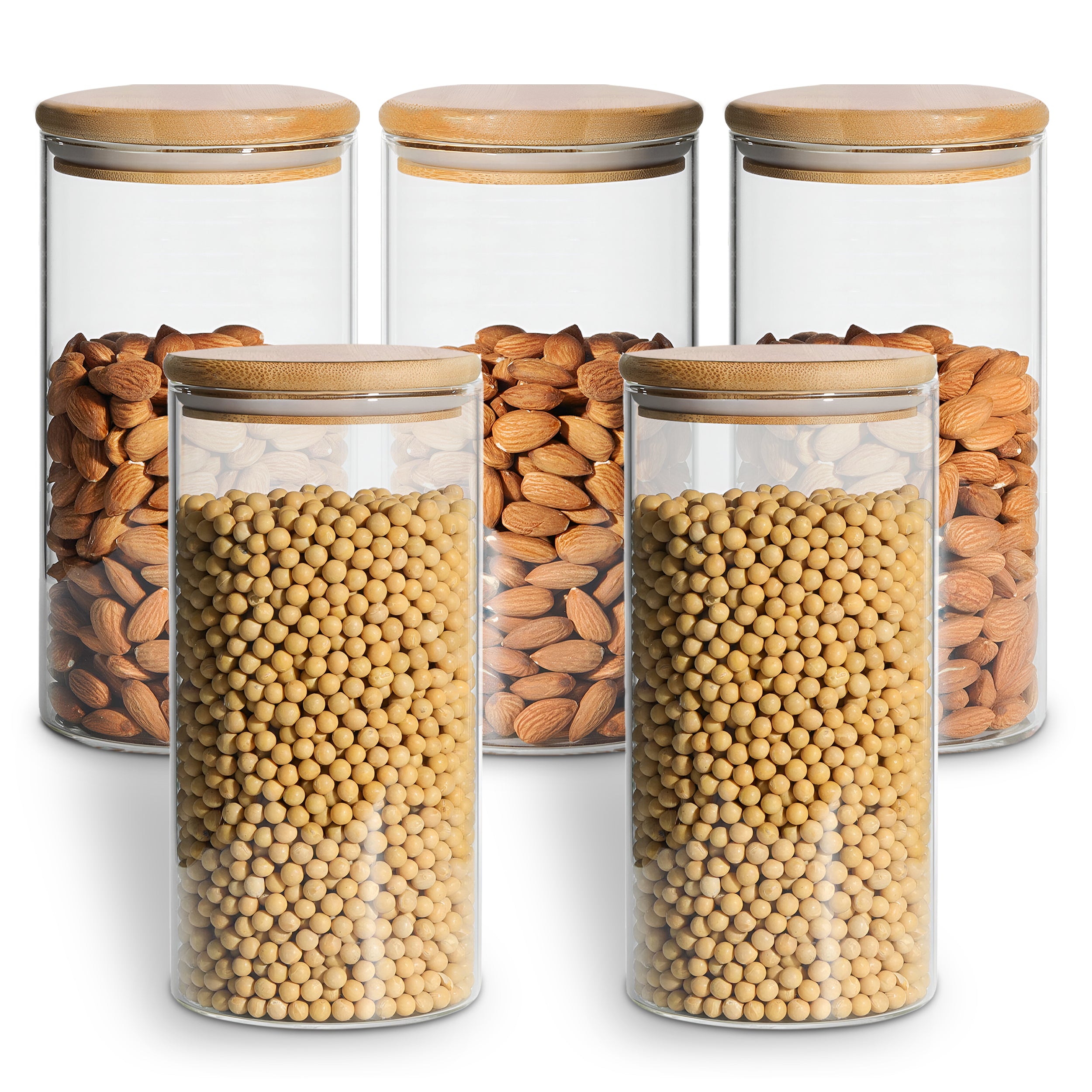 Allo 1000ML Kitchen Storage Box Glass Jars With Wooden Lids - Borosilicate Glass Food Storage Containers Airtight Glass Jar for Tea, Coffee, Spice, Pulses, Masala (Round Glass Jar - Set of 5)