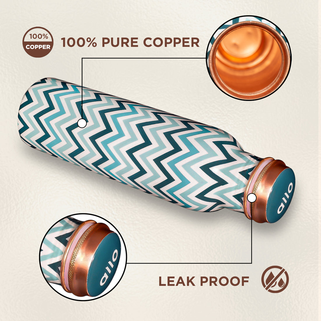 Allo Pure Copper Water Bottle 1 Litre Copper Bottle | Alkaline and Anti Oxidant | 100% Leak Proof, Office, Gym Bottle, Modern Tamba Bottle for Adults, Best Gift for Diwali (Chevron, Teal Blue)