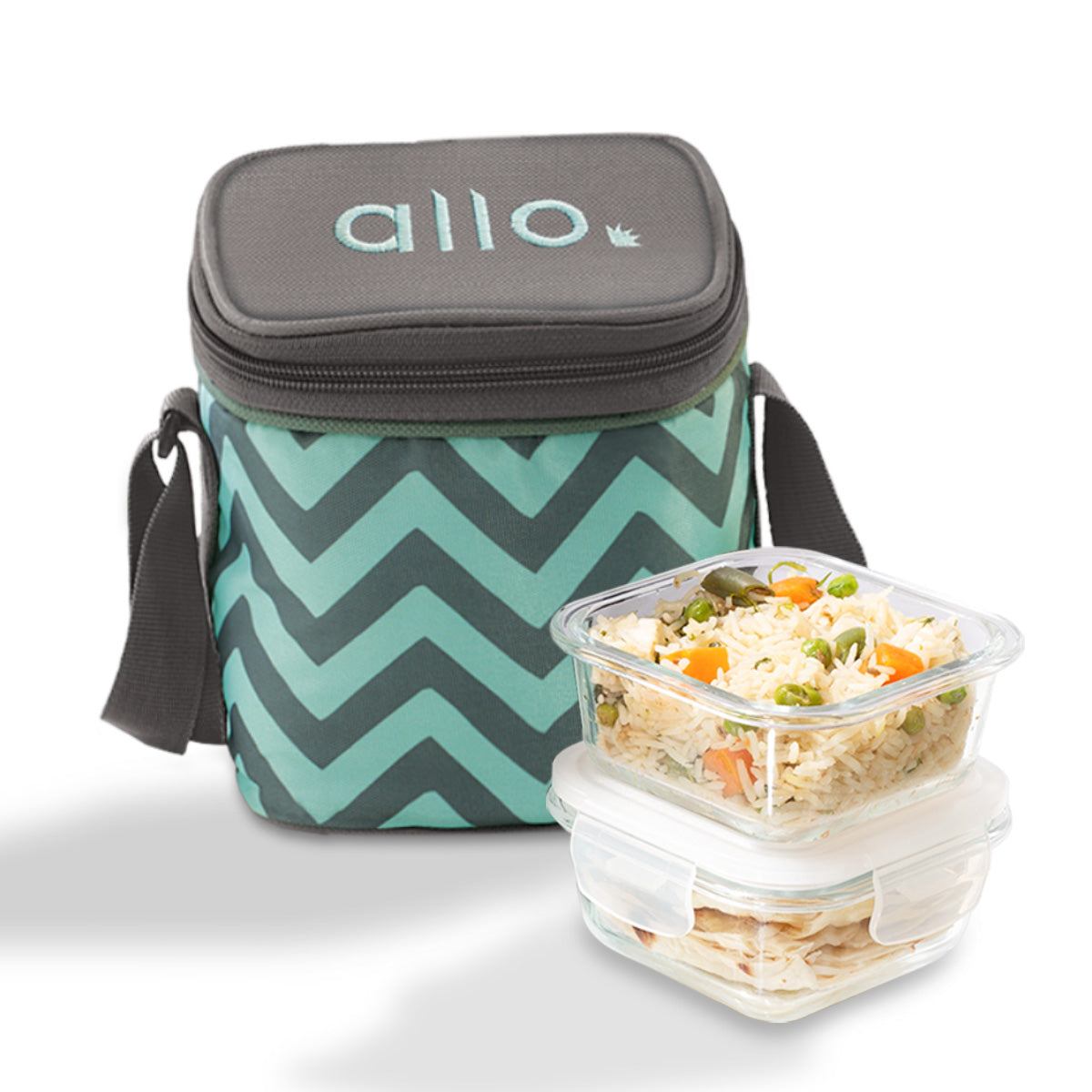 Allo Food Safe Glass Lunch Box, 450°C Microwave Safe Lunch Box, Borosilicate Glass Tiffin for office with Chevron Mint Tiffin Bag, Set of 2, 320ml x 2, square