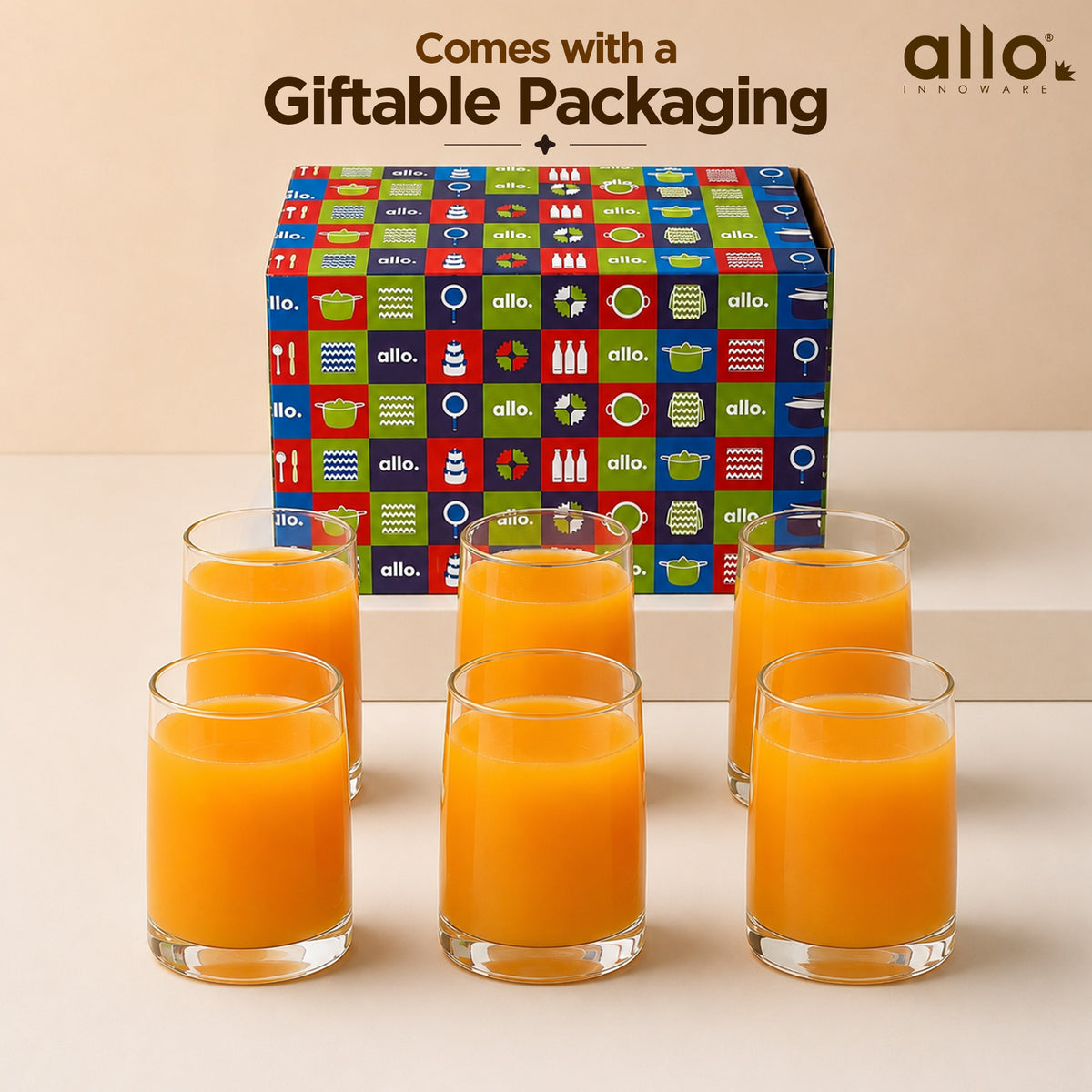 Allo Premium Glass Set Of 6, 275 ml, Latest Design Glasses For Water, Juice, Whisky, Cold Drink | Lead Free | Perfect For Home & Parties, Gift Set Packaging | Transparent Solid Base Glass