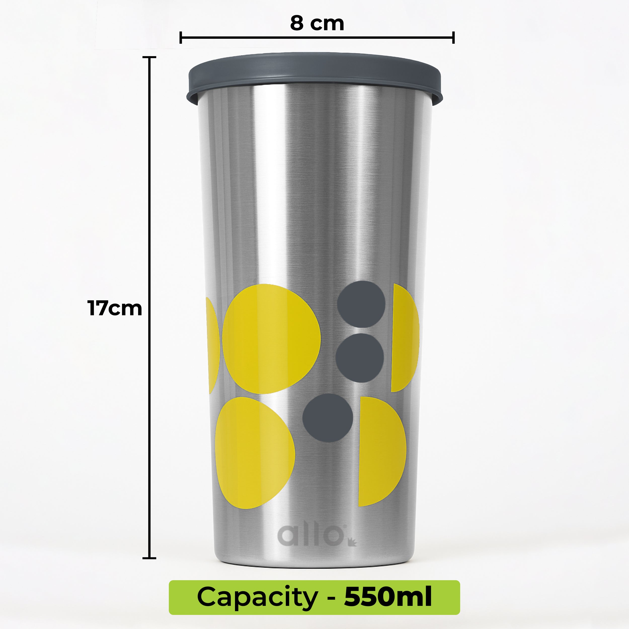 Allo Stainless Steel Tumbler with Lid, Leak Proof Water Tumbler for Home, Office, School, Travel, Kids Rust Proof, Multipurpose Storage Glass for Juice, Tea, Coffee, Milk, GREY (550Ml)