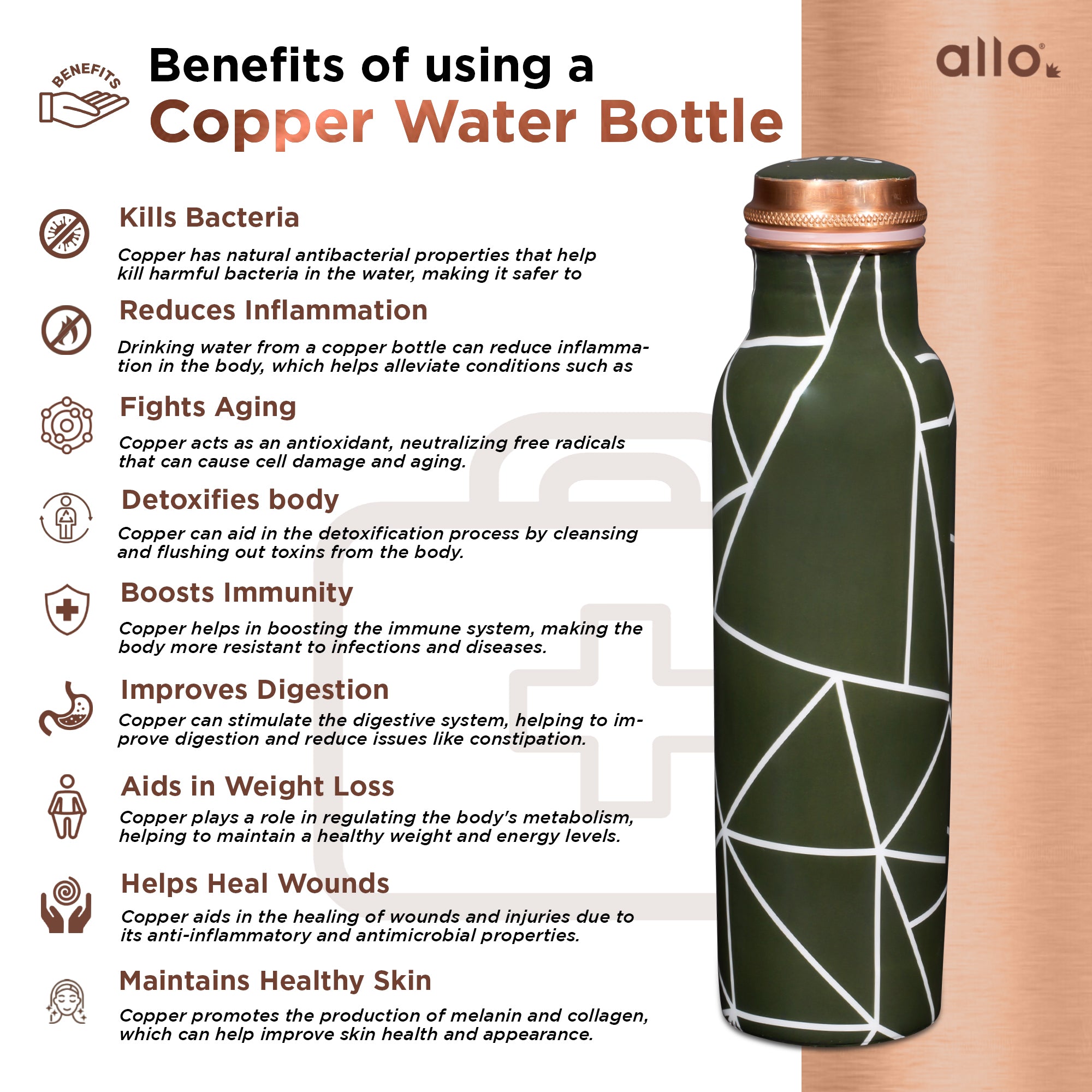 Allo Pure Copper Water Bottle 1 Litre Copper Bottle | Alkaline and Anti Oxidant | 100% Leak Proof, Office, Gym Bottle, Modern Tamba Bottle for Adults, Best Gift for Diwali (Olive Green Abstract Line)