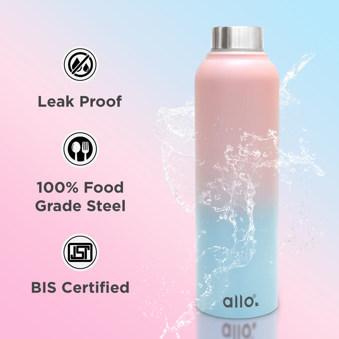 Allo Stainless Steel Water Bottle For Adults, Kids 1 Litre Water Bottles For School, Office, Sports, Gym 1L Water Bottle For Men And Women, Pack Of 2 | Leak Proof, Bpa Free, Pink & Baby Blue Steel Cap