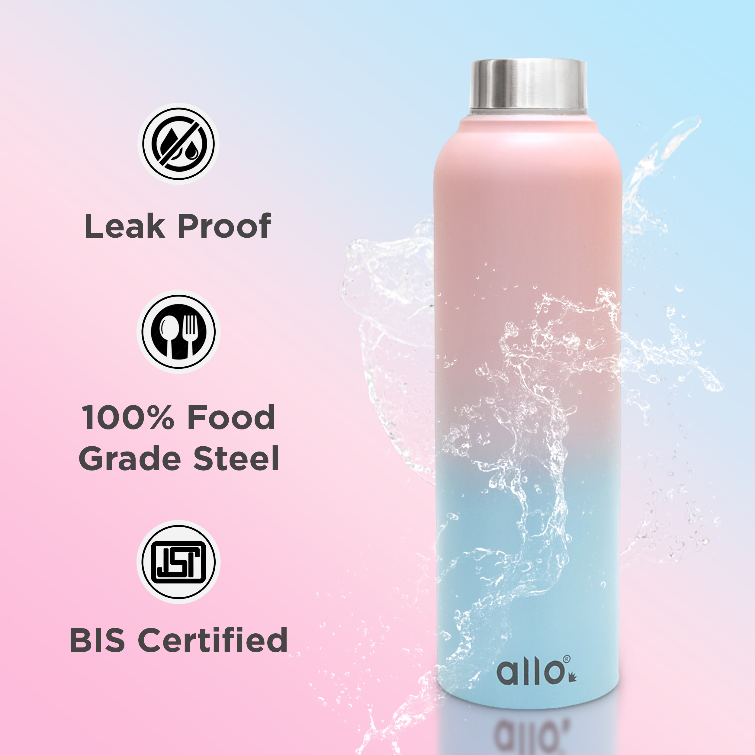 Allo Stainless Steel Water Bottle For Adults, Kids 1 Litre Water Bottles For School, Office, Sports, Gym 1L Water Bottle For Men And Women, Pack Of 2 | Leak Proof, Bpa Free, Pink & Baby Blue Steel Cap