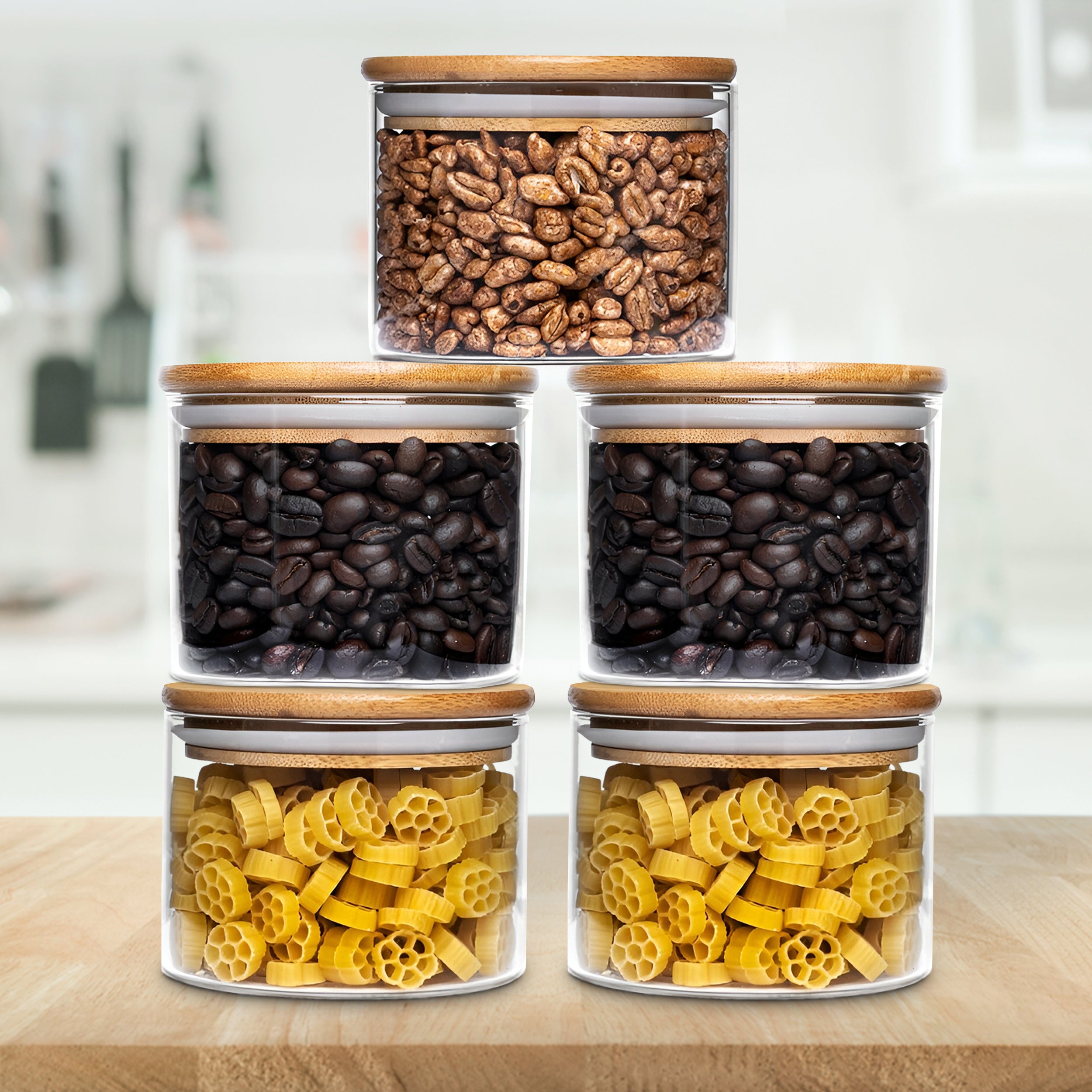Allo 300ML Kitchen Storage Box Glass Jars With Wooden Lids - Borosilicate Glass Food Storage Containers Airtight Glass Jar for Tea, Coffee, Spice, Pulses, Masala (Round Glass Jar - Set of 5)