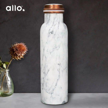 Allo Pure Copper Water Bottle 1 Litre Copper Bottle | Alkaline and Anti Oxidant | 100% Leak Proof, Office, Gym Bottle, Modern Tamba Bottle for Adults, Best Gift for Diwali (White Natural Marble)