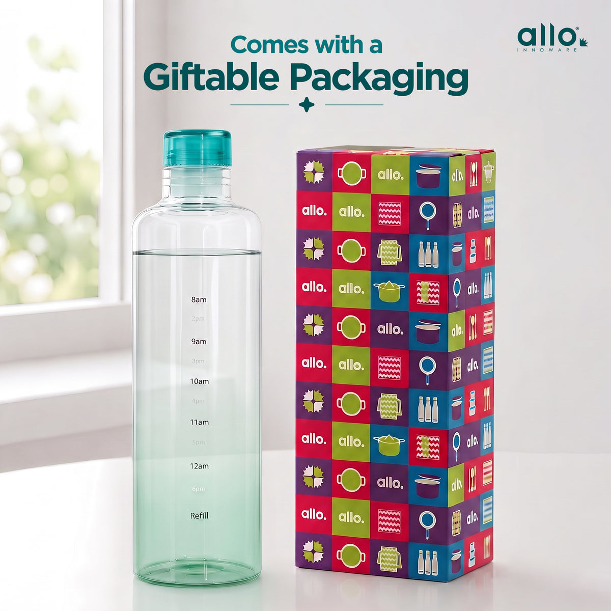 Allo Glass Water Bottle For Women & Men, 600 ml, Aesthetic H2O Bottles For Drinking Detox Water, Juice, Milk, Soda | 0.4 Ltr Bottle For Fridge, Storage, Home | Gift Set Packaging | Time Marked Green