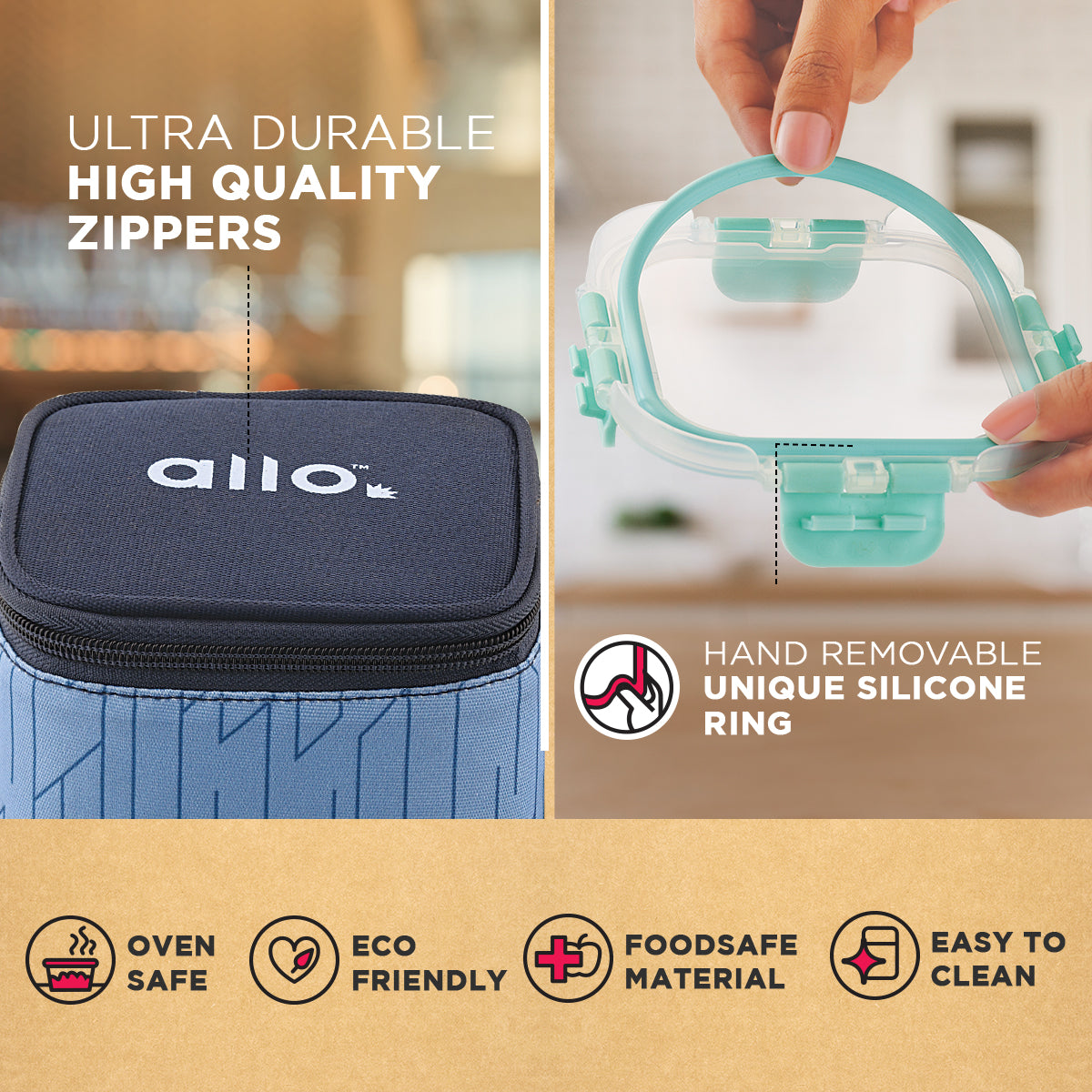 Allo Food Safe Glass Lunch Box with Break Free Detachable Lock, 450°C Microwave Safe Lunch Box, Borosilicate Glass Tiffin for office with Space Blue Tiffin Bag, Set of 3, 160ml x 1, 310ml x 2, Square.