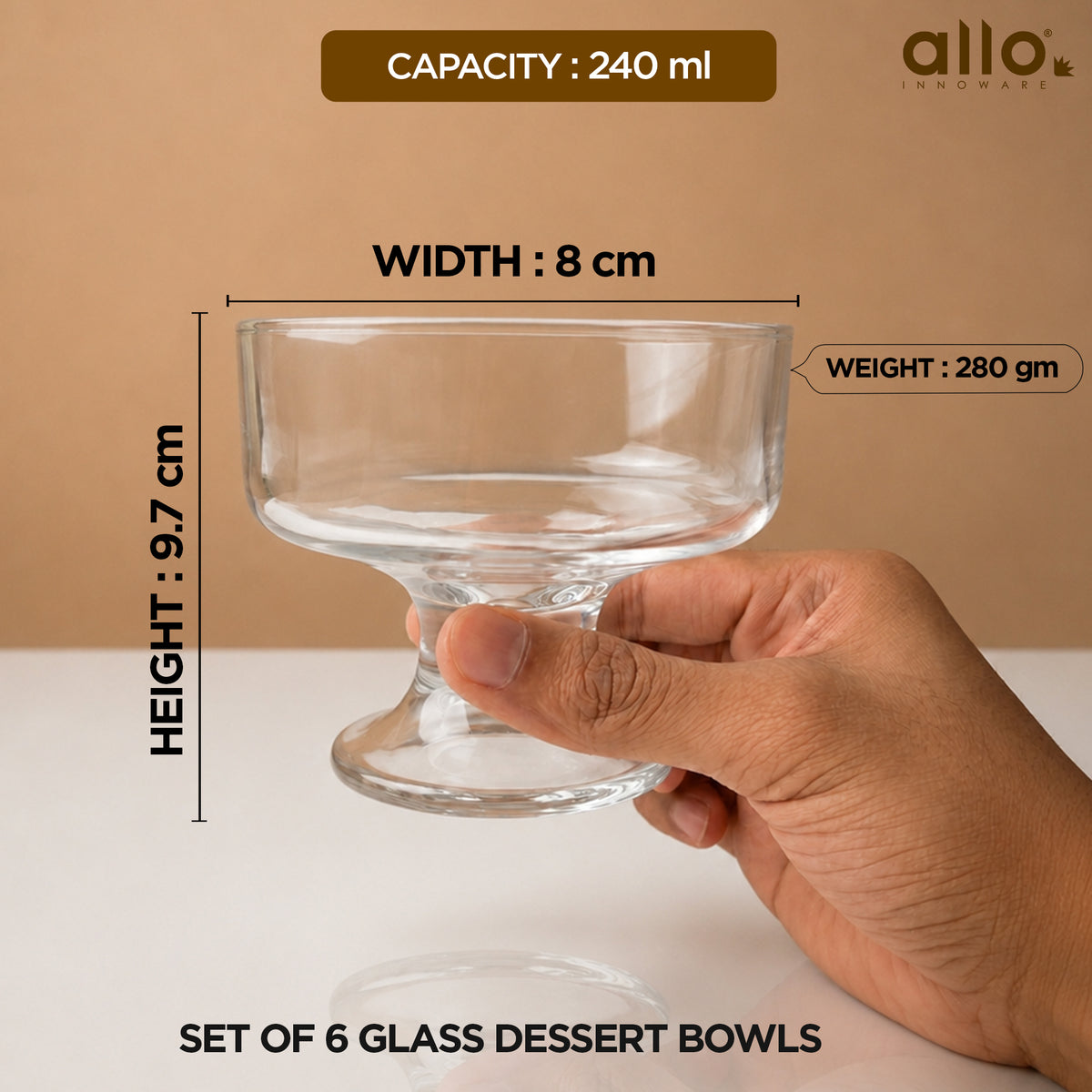 Allo Glass Ice Cream Bowl Set Of 6, 240 ml, Dessert Glasses For Icecream, Pudding, Candy, Snacks, Dates, Dry Fruit | Cups For Gifting And Serving, Gift Set Packaging | Classic Dessert Coupe Glass Bowl