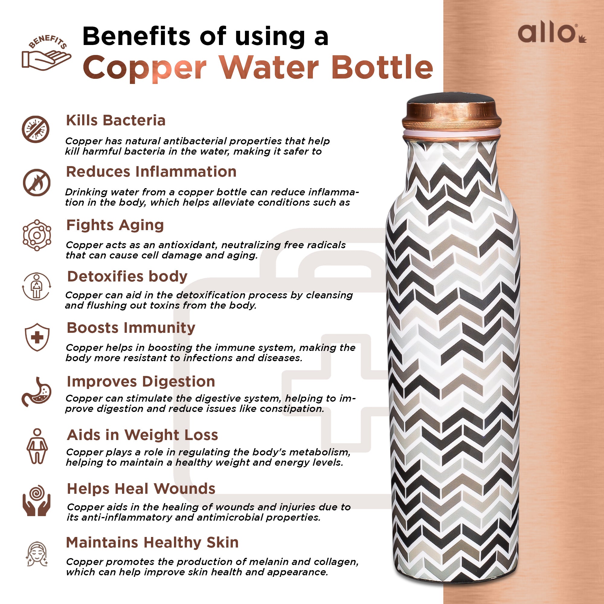Allo Pure Copper Water Bottle 1 Litre Copper Bottle | Alkaline and Anti Oxidant | 100% Leak Proof, Office, Gym Bottle, Modern Tamba Bottle for Adults, Best Gift for Diwali (Chevron, Black & Grey)