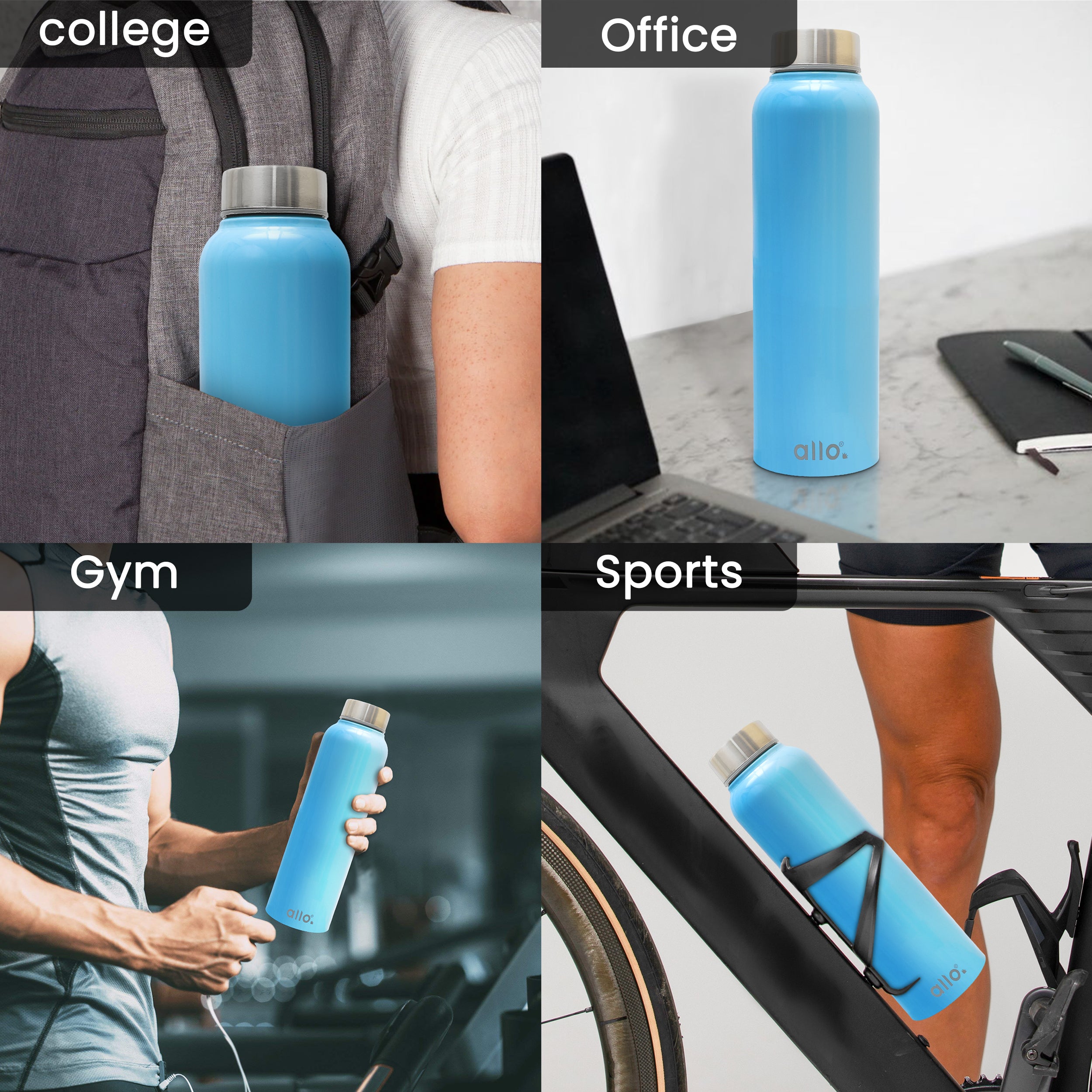Allo Stainless Steel Water Bottle For Adults, Kids 0.95 Litre Water Bottles For School, Office, Sports, Gym 950ML Water Bottle For Men And Women, Pack Of 2 | Leak Proof & Bpa Free, True Blue Steel Cap