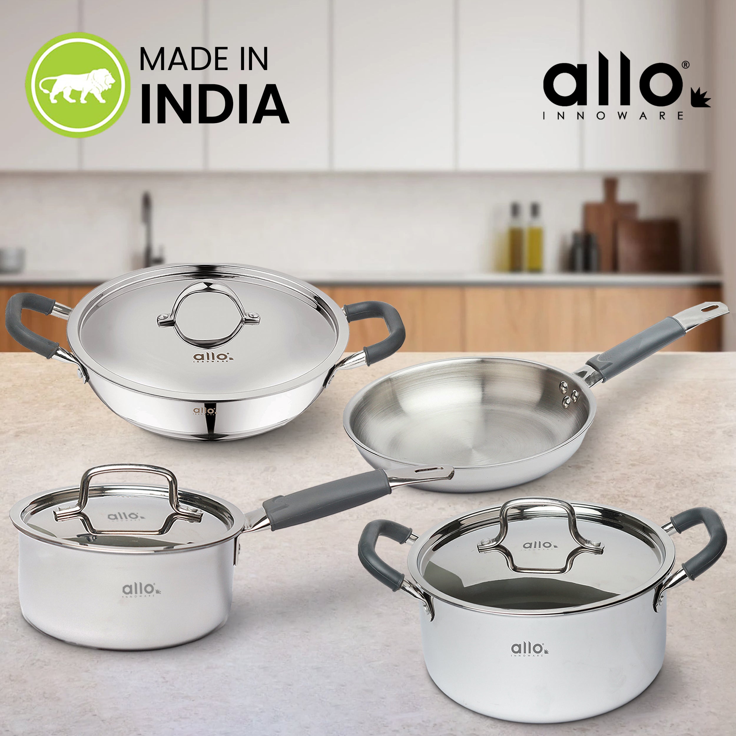 Allo Stainless Steel Triply Cookware Set | Kadai (20 Cm/1.5 L)+ Fry Pan (20 Cm/1 L)+ Saucepot (20 Cm/3.2 L)+ Saucepan (14 Cm/1 L) | Cooking Combo Stir-Deep-Fry/Induction Friendly Set of 7 | Nonstick