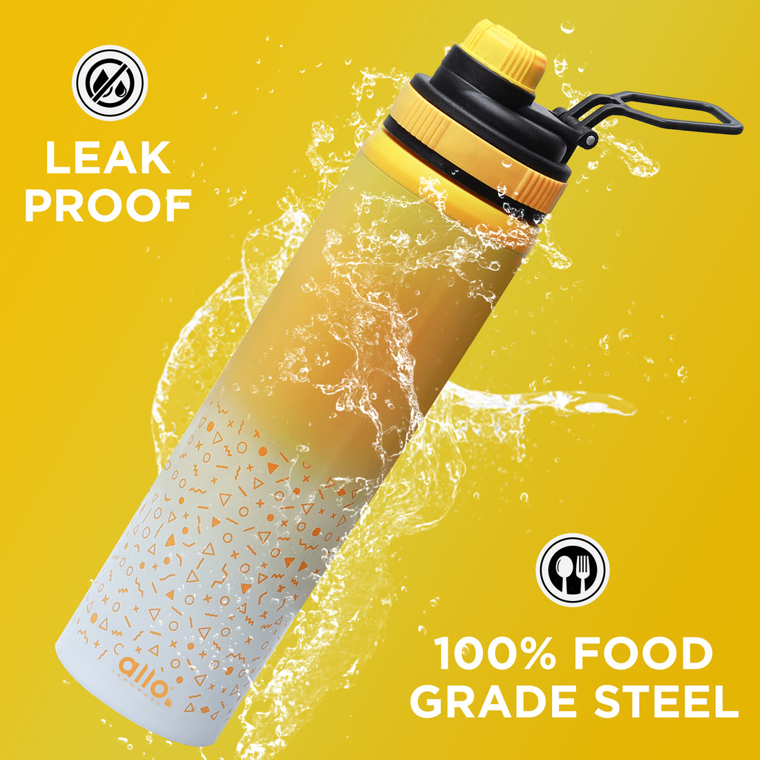 Allo Steel Water Bottles Stainless Steel Sipper Water Bottle for adults, kids 1 Litre Water Bottles for School, Office, Sports, Gym 1L Water Bottle for Men and women, Yellow White 600ml