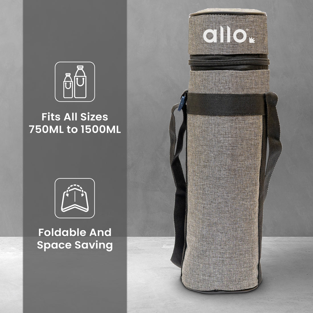 Allo Polyester Thermal Insulated 1L Bottle Cover – Water-Proof Modern Carrier Sleeve with Adjustable Shoulder Handle & Zipper Closure for Travel, Hiking, Office & School, CANVAS GREY