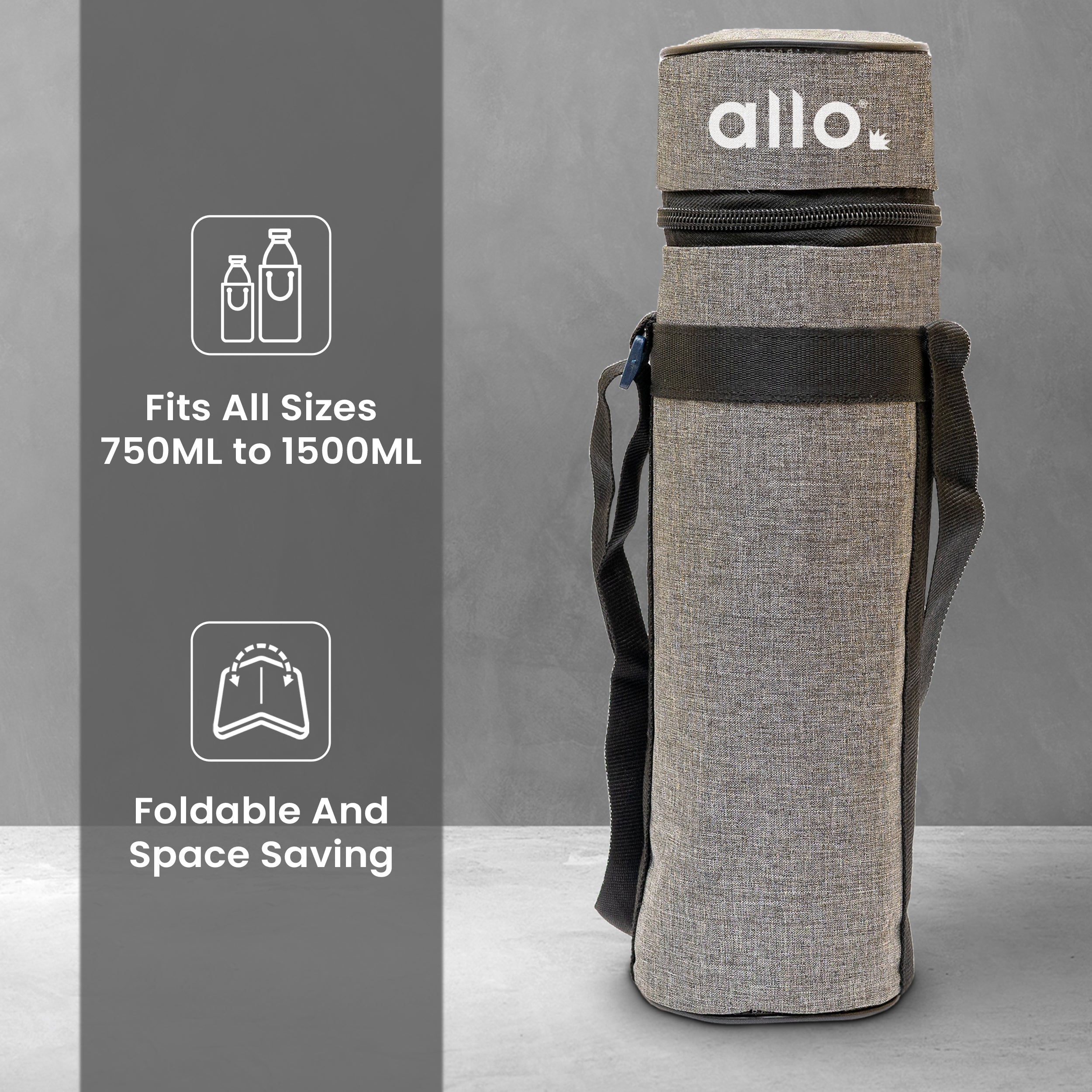 Allo Polyester Thermal Insulated 1L Bottle Cover – Water-Proof Modern Carrier Sleeve with Adjustable Shoulder Handle & Zipper Closure for Travel, Hiking, Office & School, CANVAS GREY