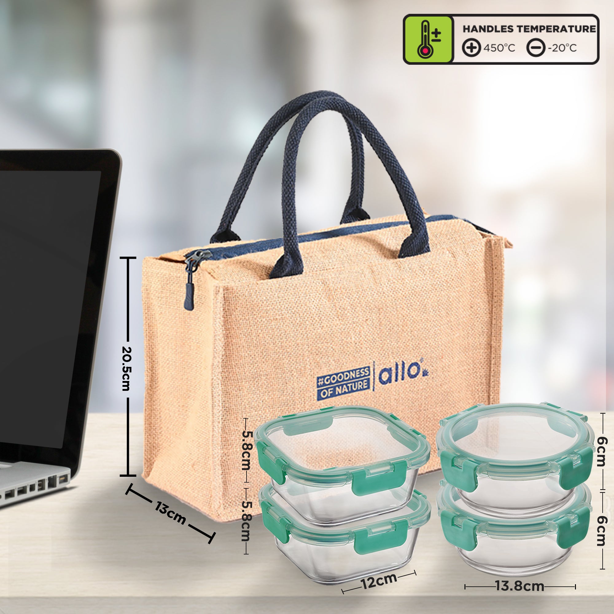 Allo Food Safe Glass Lunch Box with Breakfree Detachable Lock, Microwave Safe Lunch Box Borosilicate Glass Tiffin for Office with Jute Tiffin Bag, Set of 4, 310ml x 2 & 390ml x 2, Beige