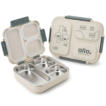 Allo Bento Stainless Steel Lunch Box for Kids- BIS Approved, 304 Stainless Steel 3 Compartment Leakproof Tiffin Box for Boys and Girls for School, Travelling, Baby Snacks, 740ml Green Cool Eyes