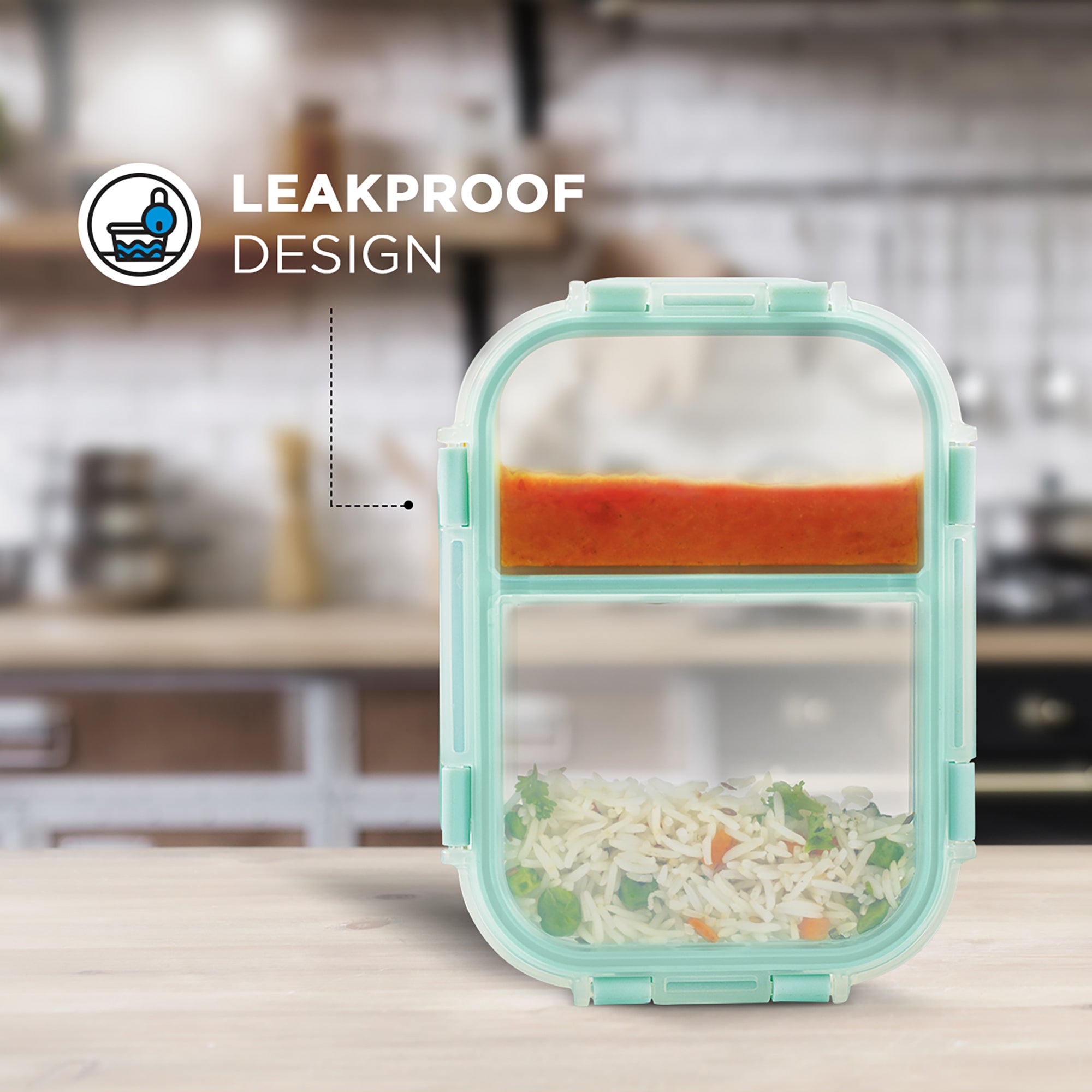 Allo FoodSafe 580ml x 1 Glass Microwave 450°C Oven Safe Lunch Box with Break Free Detachable Lock | High Borosilicate | Office Tiffin with Space Blue Flat Bag | Rectangle Divider