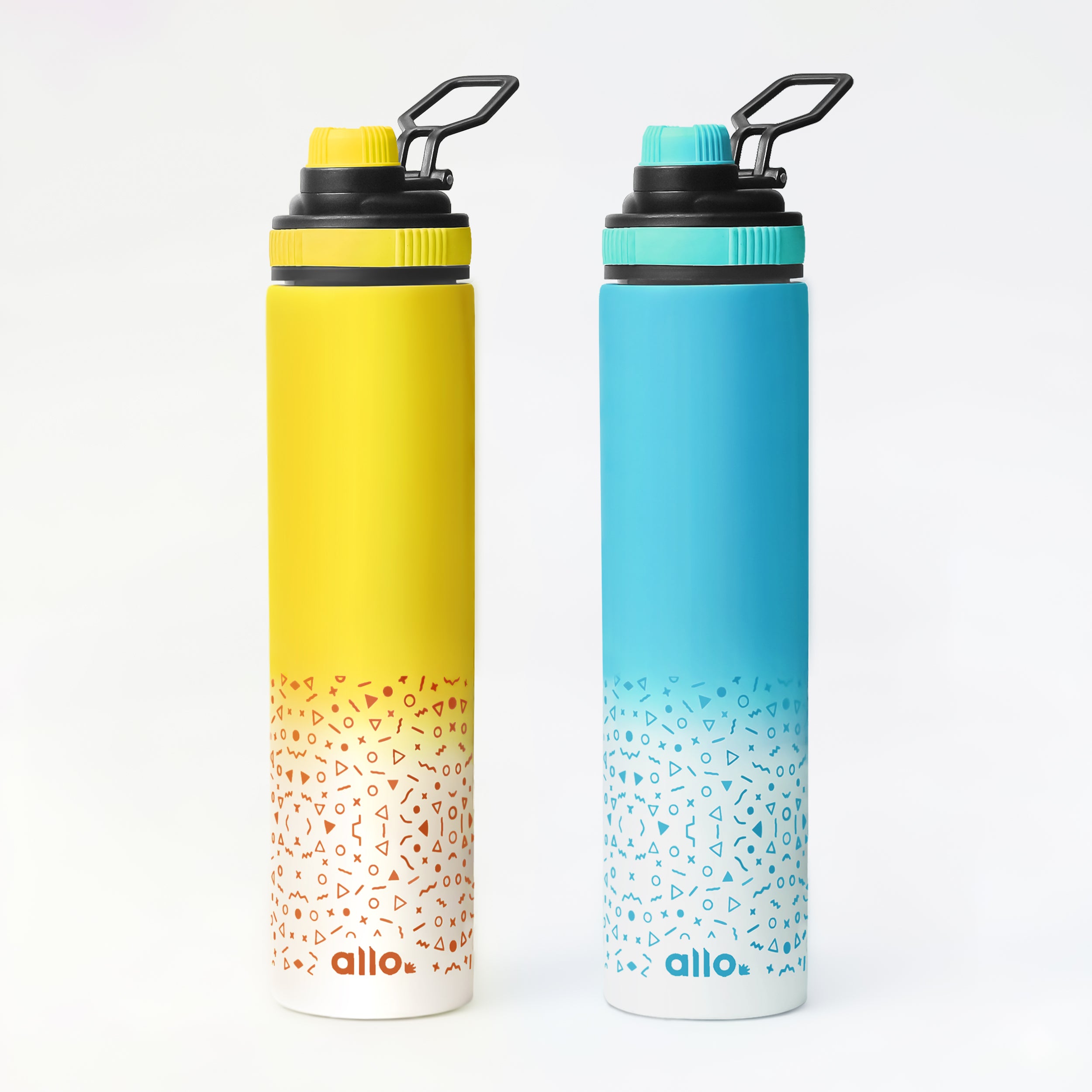 Allo Stainless Steel Sipper Water Bottle for adults,kids 1 Litre Water Bottles for School, Office,Sports, Gym 1L Water Bottle for Men & women, Pack Of 2, Blue White & Yellow White 850ml