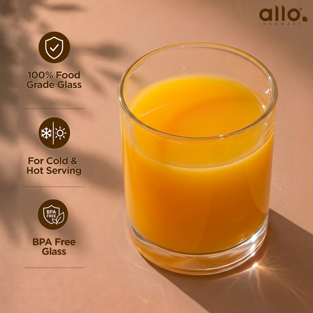 Allo Premium Glass Set Of 6, 275 ml, Latest Design Glasses For Water, Juice, Whisky, Cold Drink | Lead Free | Perfect For Home & Parties, Gift Set Packaging | Transparent Solid Base Glass