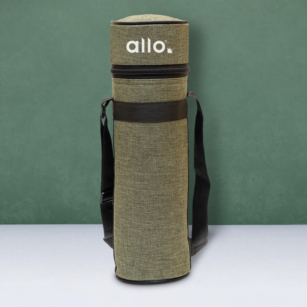 Allo Polyester Thermal Insulated 1L Bottle Cover – Water-Proof Modern Carrier Sleeve with Adjustable Shoulder Handle & Zipper Closure for Travel, Hiking, Office & School, GREEN