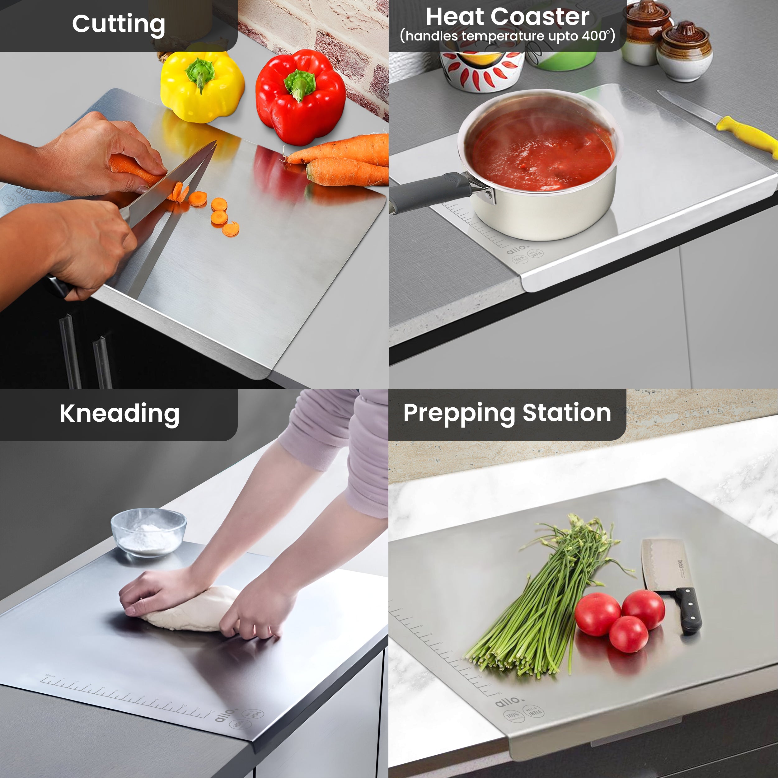 Allo Premium Stainless Steel Chopping Board Countertop (40 x 32 cm) – Large Heavy-Duty Metal Cutting Board for Kitchen, Knife Friendly | Vegetable & Fruit Cutter Pad