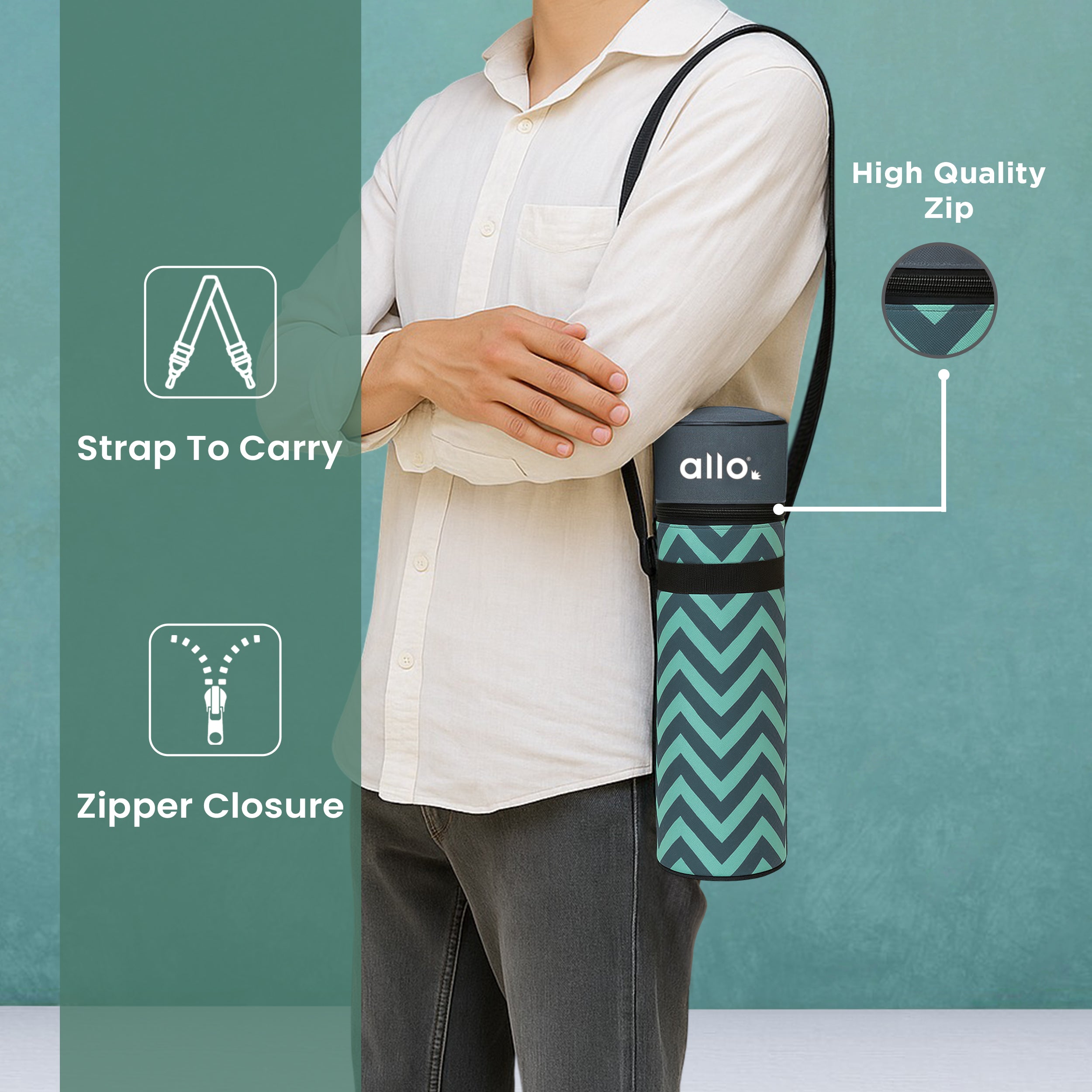 Allo Polyester Thermal Insulated 1L Bottle Cover – Water-Proof Modern Carrier Sleeve with Adjustable Shoulder Handle & Zipper Closure for Travel, Hiking, Office & School, Chevron Mint