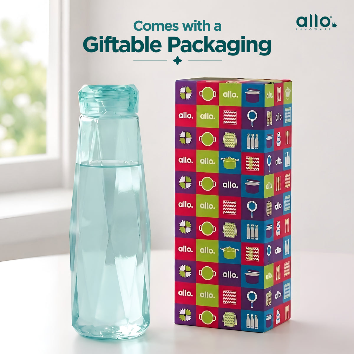 Allo Glass Water Bottle For Women & Men, 450 ml, Aesthetic H2O Bottles For Drinking Detox Water, Juice, Milk, Soda | 0.4 Ltr Bottle For Fridge, Storage, Home | Gift Set Packaging | Geometric Green