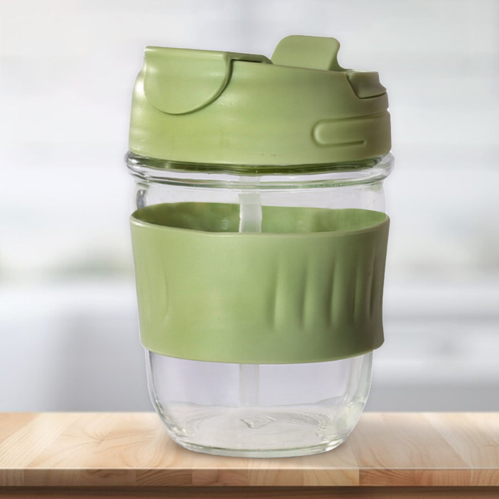 Allo Reusable Glass Tumbler with Unique 2 in 1 ANTI Spill Lid | Portable Leakproof Glass Coffee Mug Shaker Sipper with Anti-Slip Silicone Grip for Hot & Cold Beverages | Ideal for Car, Office, Home and Travel use | 350ml GREEN