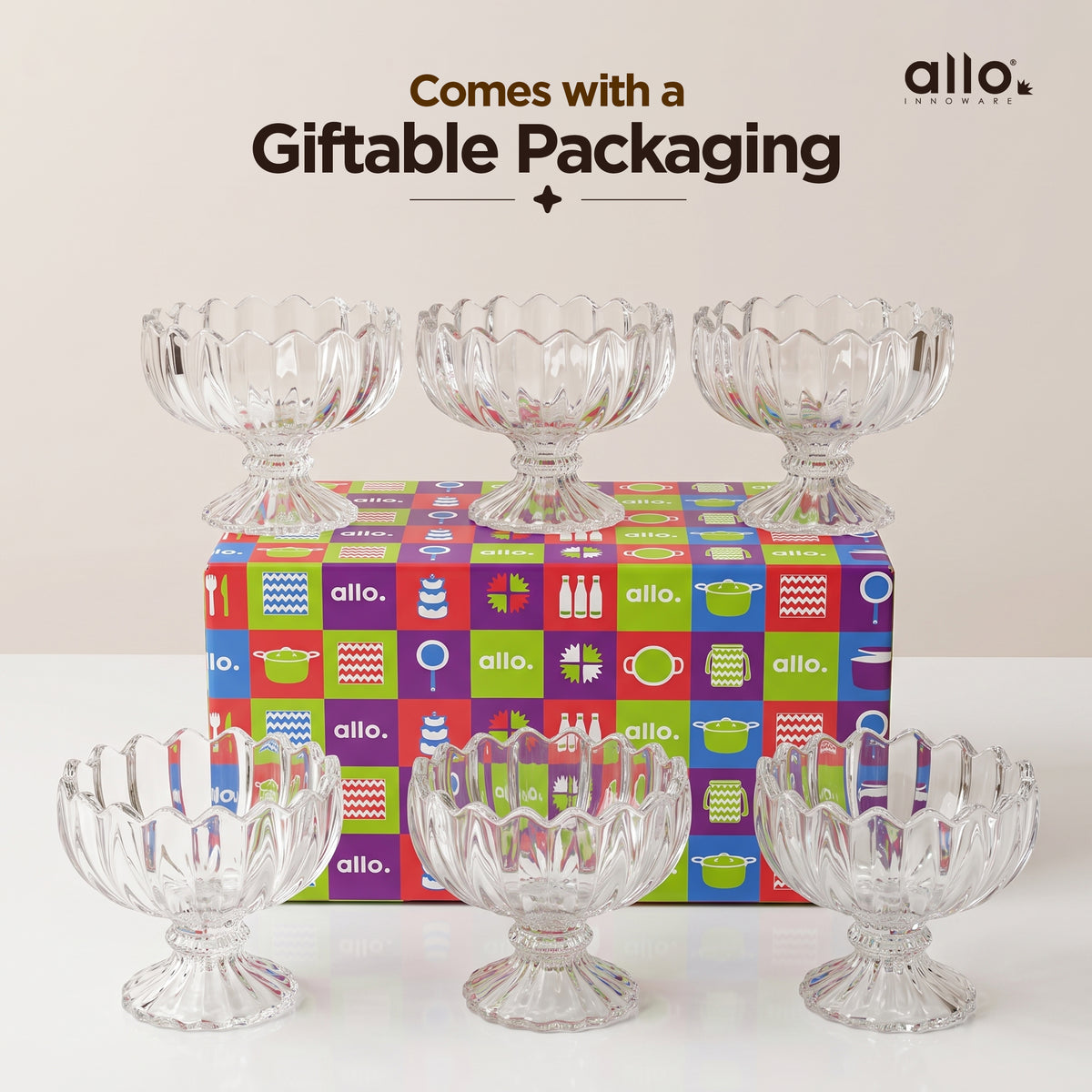 Allo Glass Ice Cream Bowl Set Of 6, 240 ml, Dessert Glasses For Icecream, Pudding, Candy, Snacks, Dates, Dry Fruit | Cups For Gifting And Serving, Gift Set Packaging | Petal Edge Dessert Bowl