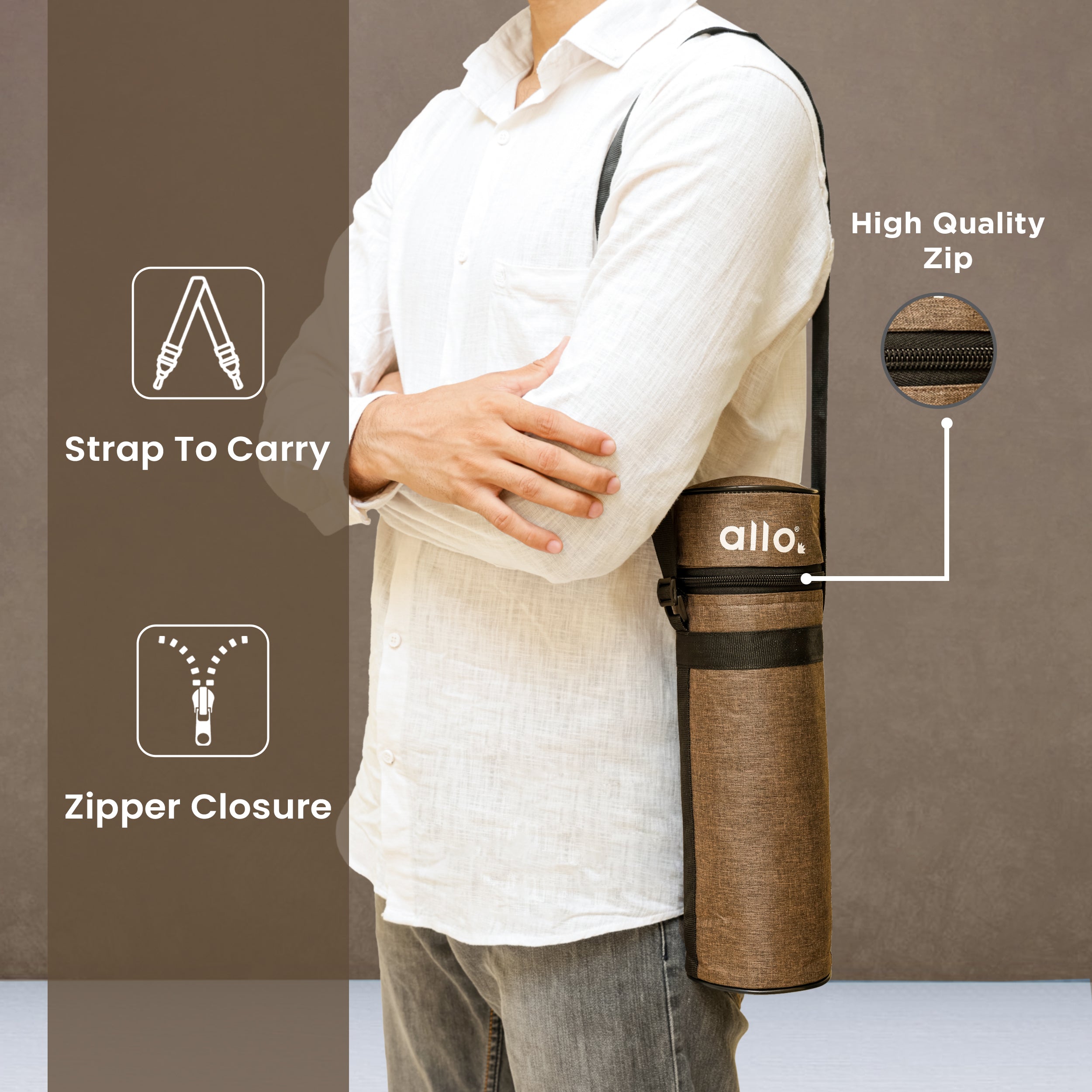 Allo Polyester Thermal Insulated 1L Bottle Cover – Water-Proof Modern Carrier Sleeve with Adjustable Shoulder Handle & Zipper Closure for Travel, Hiking, Office & School, Brown