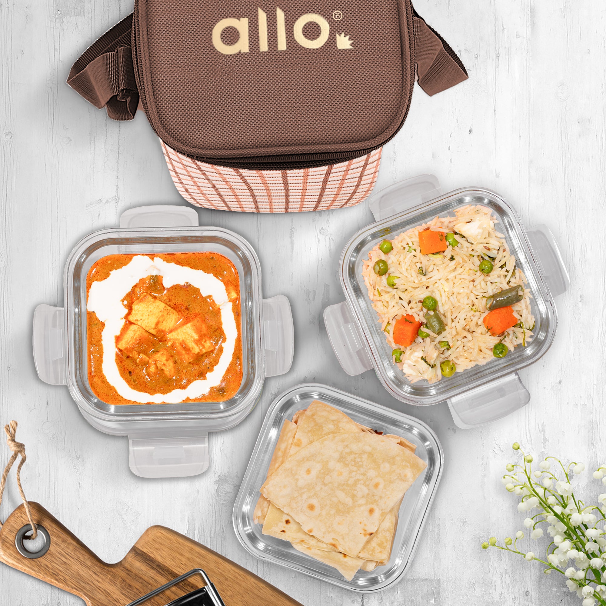 Allo Food Safe Glass Lunch Box, 450°C Microwave Safe Lunch Box, Borosilicate Glass Tiffin for office with Cocoa Brown Tiffin Bag, Set of 3, 320ml x 3, square