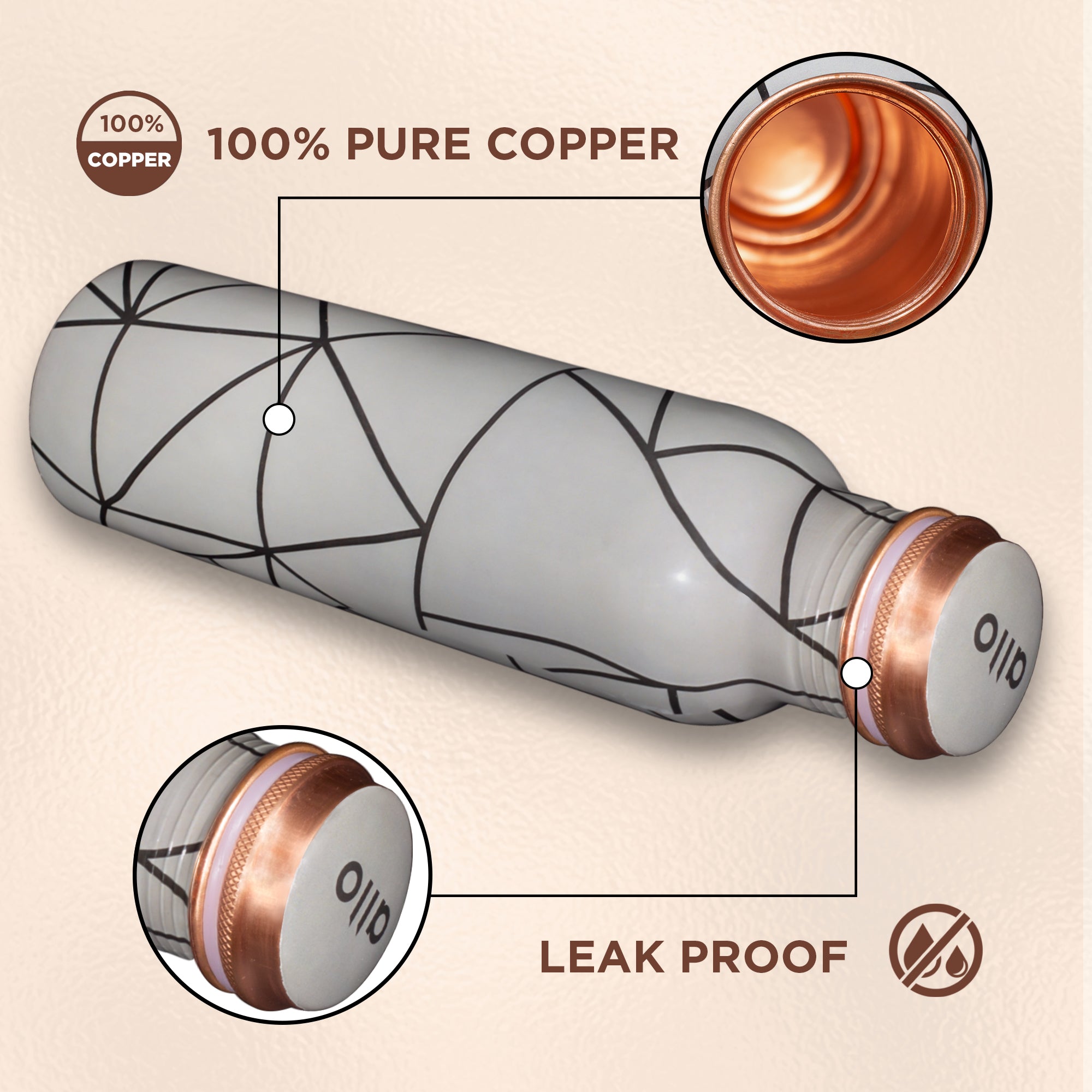 Allo Pure Copper Water Bottle 1 Litre Copper Bottle | Alkaline and Anti Oxidant | 100% Leak Proof, Office, Gym Bottle, Modern Tamba Bottle for Adults, Best Gift for Diwali (Grey Abstract Line)