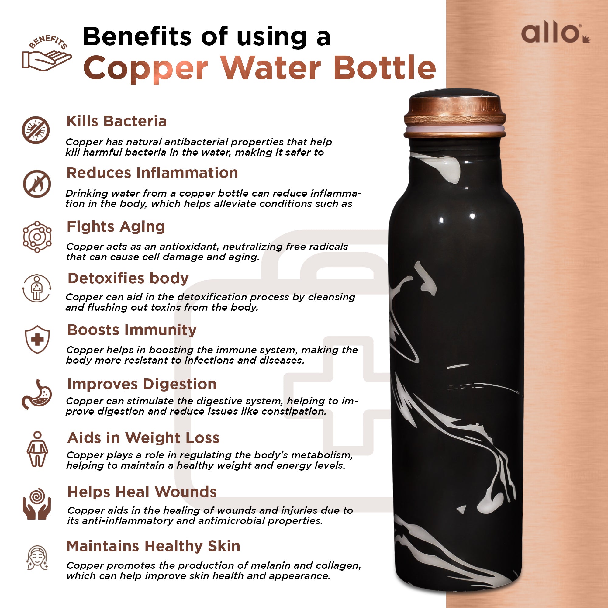 Allo Pure Copper Water Bottle 1 Litre Copper Bottle | Alkaline and Anti Oxidant | 100% Leak Proof, Office, Gym Bottle, Modern Tamba Bottle for Adults, Best Gift for Diwali (Black)
