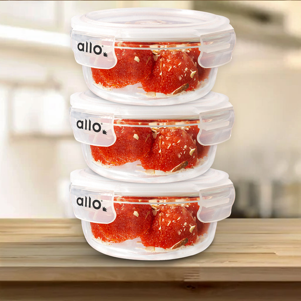 Allo Food Safe Glass Containers with Lids, 450°C Oven Microwave Safe Containers, High Borosilicate Meal Prep Glass Food Storage Containers for Kitchen, 400ml x 3, Round