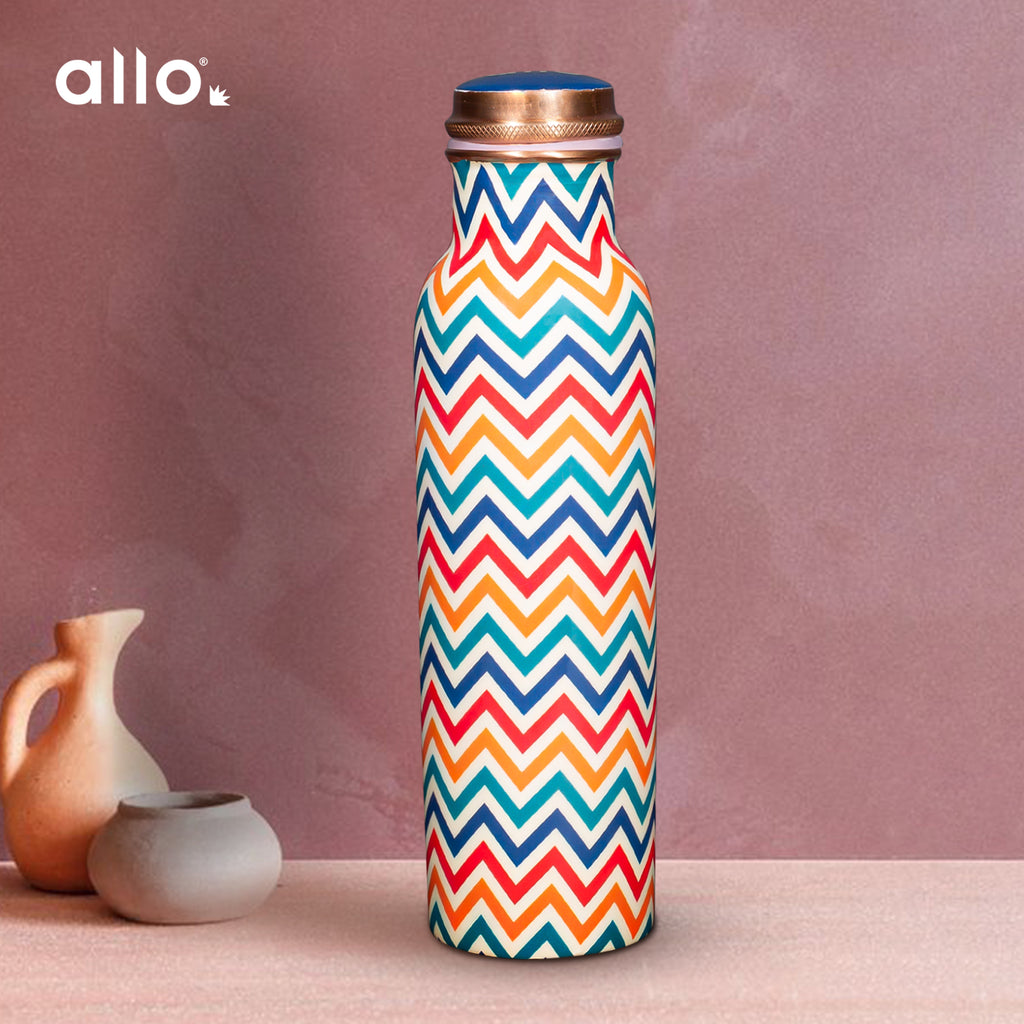 Allo Pure Copper Water Bottle 1 Litre Copper Bottle | Alkaline and Anti Oxidant | 100% Leak Proof, Office, Gym Bottle, Modern Tamba Bottle for Adults, Best Gift for Diwali (Chevron, MultiColor)