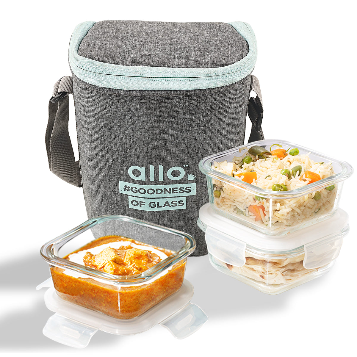 Allo Food Safe Glass Lunch Box, 450°C Microwave Safe Lunch Box, Borosilicate Glass Tiffin for office with Denim grey Tiffin Bag, Set of 3, 320ml x 3, square