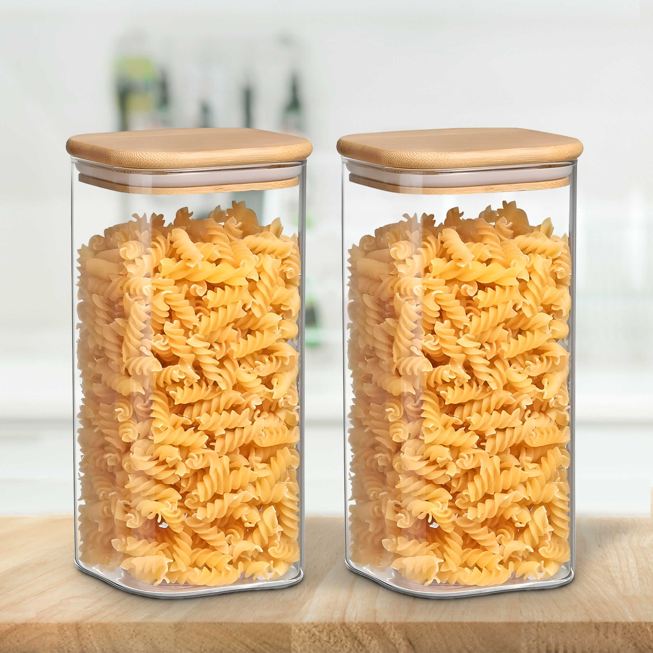 Allo 600ML Kitchen Storage Box Glass Jars With Wooden Lids - Borosilicate Glass Food Storage Containers Airtight Glass Jar For Tea, Coffee, Spice, Pulses, Masala (Square Glass Jar - Set of 2)