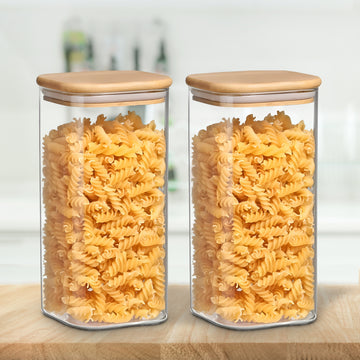 Allo 600ML Kitchen Storage Box Glass Jars With Wooden Lids - Borosilicate Glass Food Storage Containers Airtight Glass Jar For Tea, Coffee, Spice, Pulses, Masala (Square Glass Jar - Set of 2)