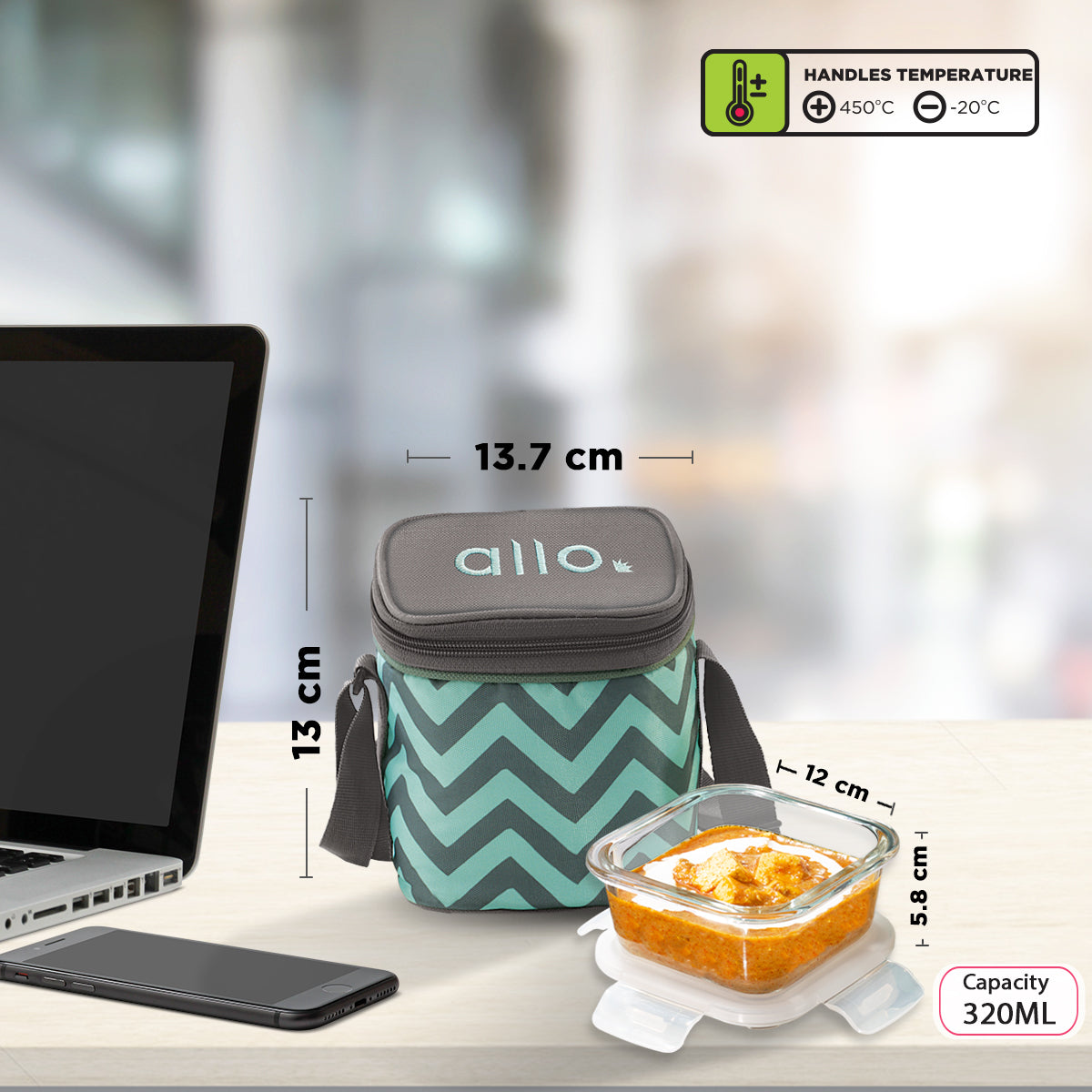 Allo Food Safe Glass Lunch Box, 450°C Microwave Safe Lunch Box, Borosilicate Glass Tiffin for office with Chevron Mint Tiffin Bag, Set of 2, 320ml x 2, square