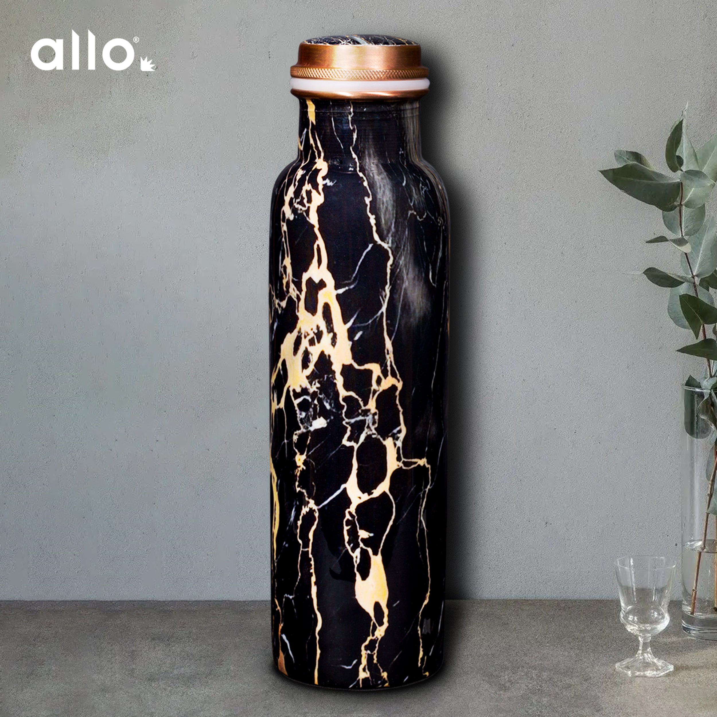 Allo Pure Copper Water Bottle 1 Litre Copper Bottle | Alkaline and Anti Oxidant | 100% Leak Proof, Office, Gym Bottle, Modern Tamba Bottle for Adults, Best Gift for Diwali (Black Natural Marble)