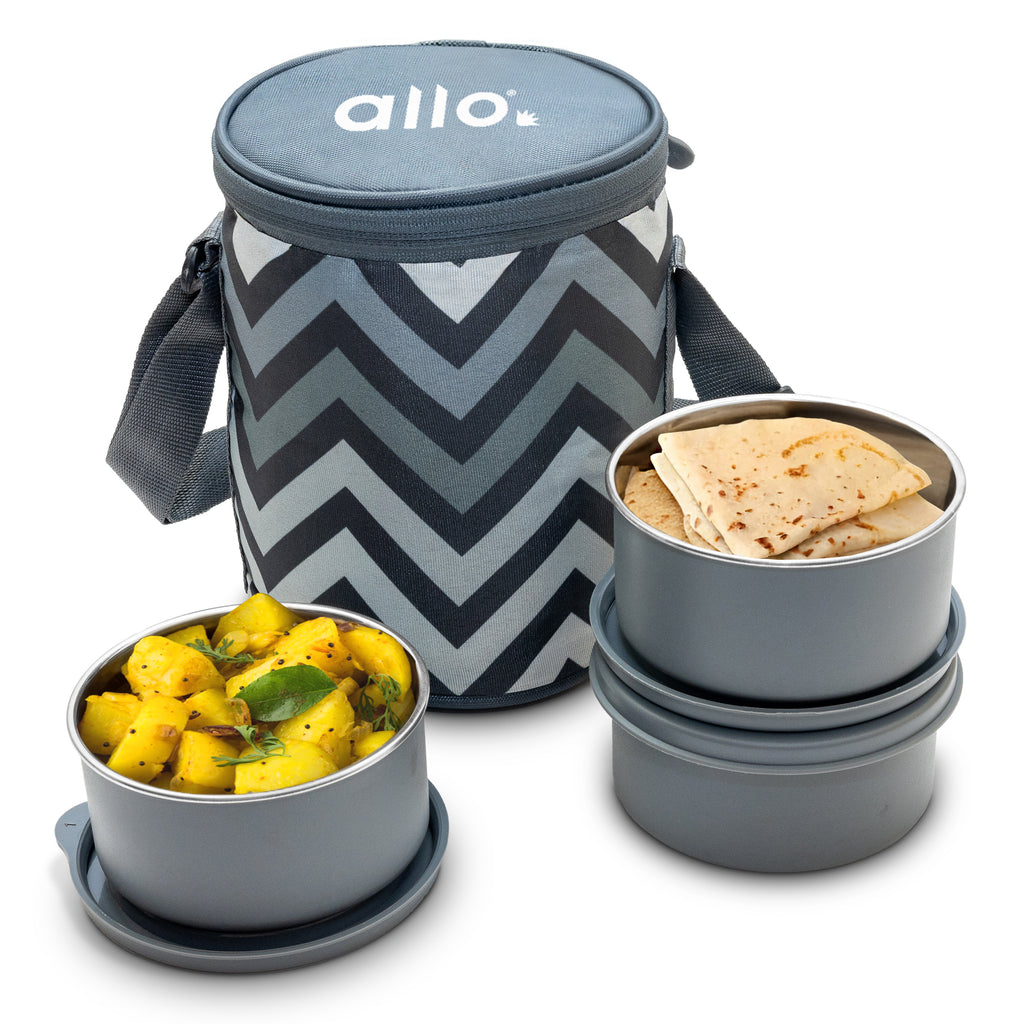Allo Stainless Steel Lunch Box for Office with Bag , Microwave Safe AirTight & Leak Proof Tiffin for Office, School, College, Set of 3 (300ml x 3) with Chevron Grey Bag