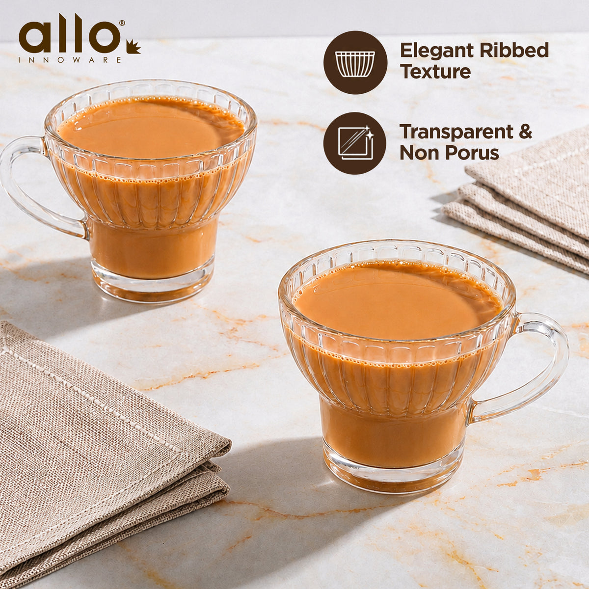 Allo Glass Tea Cups & Mugs, Set Of 6, 225 Ml, Cupset With Handle For Chai, Coffee, Green Tea, Latte | Elegant Home & Kitchen Glassware | Gift Set Packaging | Transparent Ribbed Tea Cup