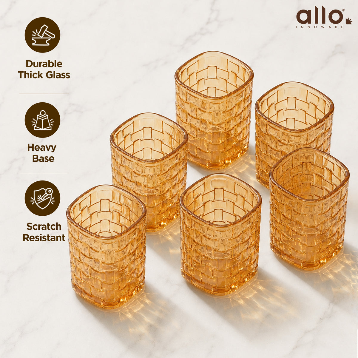 Allo Premium Glass Set Of 6, 200 ml, Latest Design Glasses For Water, Juice, Whisky, Cold Drink | Perfect For Home, Restaurants & Parties, Gift Set Packaging | Golden Basket Weave Glass
