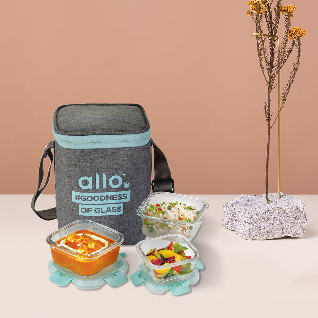 Allo Food Safe Glass Lunch Box with Break Free Detachable Lock, 450°C Microwave Safe Lunch Box, Borosilicate Glass Tiffin for office with Canvas Grey Tiffin Bag, Set of 3, 160ml x 1, 310ml x 2, Square.