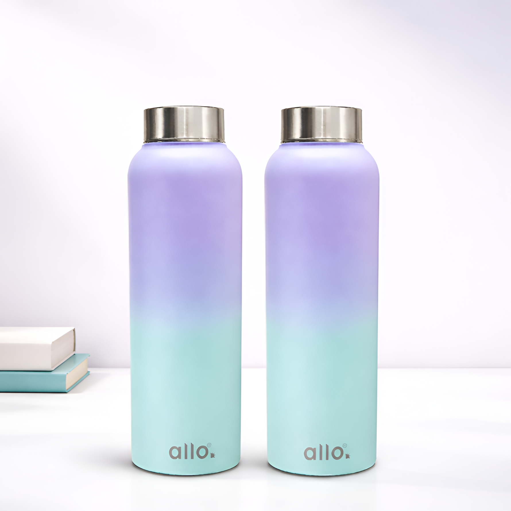 Allo Stainless Steel Water Bottle For Adults, Kids 1 Litre Water Bottles For School,Office,Sports,Gym 1L Water Bottle For Men & Women, Pack Of 2 | Leak Proof, Bpa Free, Lavender & Baby Blue Steel Cap