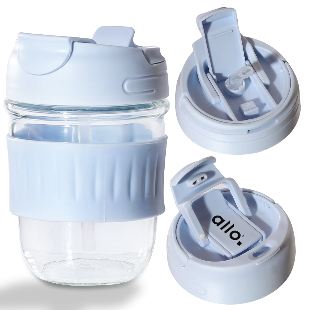 Allo Reusable Glass Mug Sipper Tumbler with Straw, Unique 2 in 1 Anti Spill Lid | Microwave Safe Leakproof Glass with Anti-Slip Grip for Hot & Cold Coffee|| Car, Office, Travel use | 350ml (Blue)